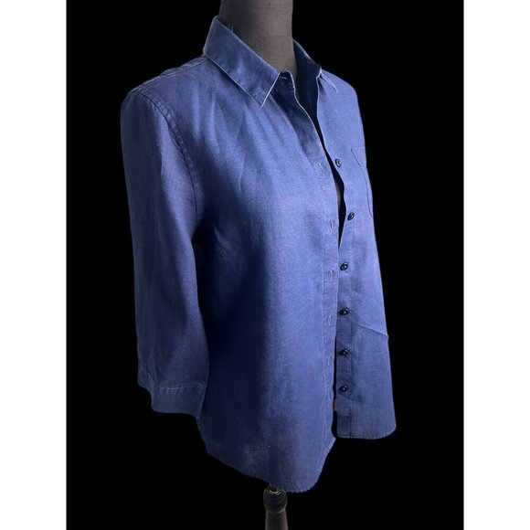 Chicos Linen Button-Up Shirt  Womens 0 Blue 3/4 Sleeve Collared career - Picture 4 of 5